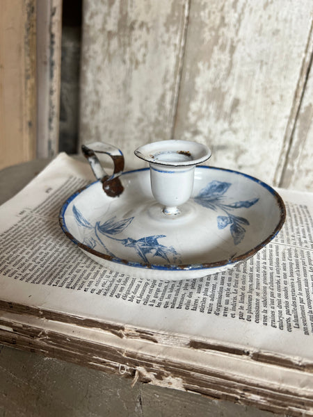 Vintage Enamel Candlestick Holder Floral Bold Blue