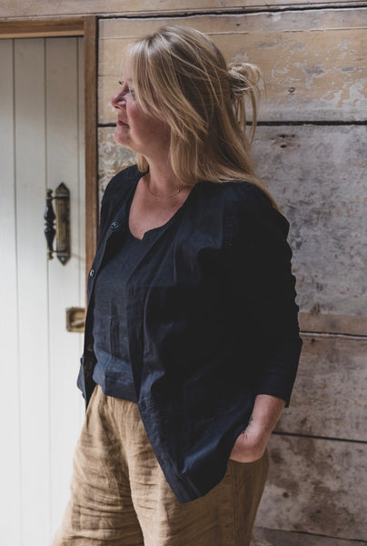 Stretch Linen Collarless Jacket