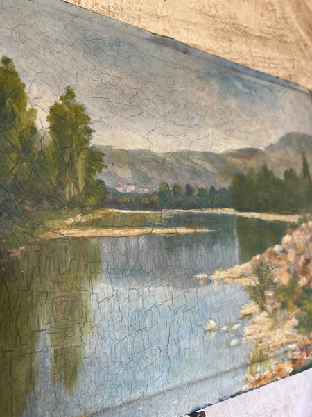 French Landscape Riverside Oil on Board