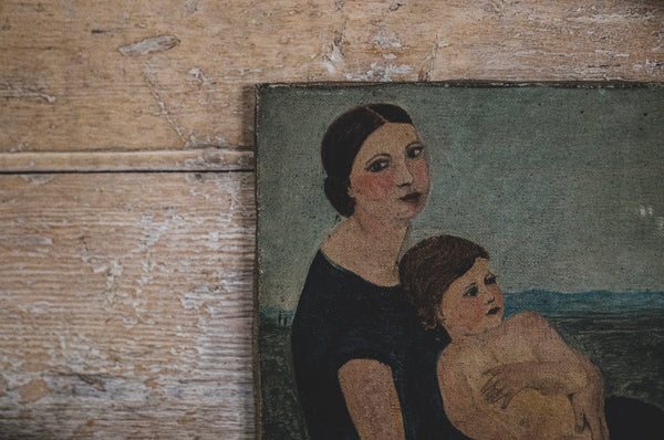 Antique French Mother & Child oil on canvas 1937
