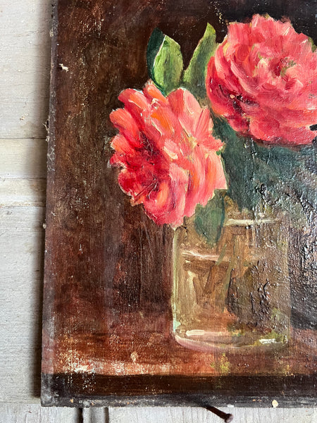 Antique French Floral Painting on Board