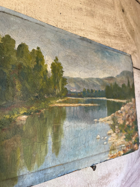 French Landscape Riverside Oil on Board