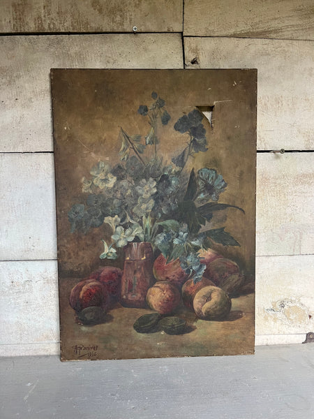 Rustic Floral and Fruit Oil Painting on Canvas 1936