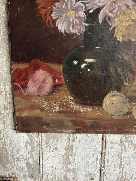 Antique French Floral Oil on Canvas