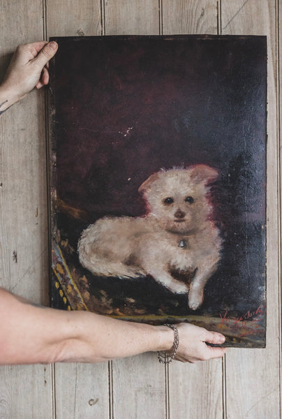 Large Antique French Dog Painting 1898