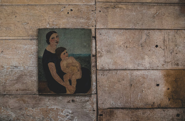Antique French Mother & Child oil on canvas 1937