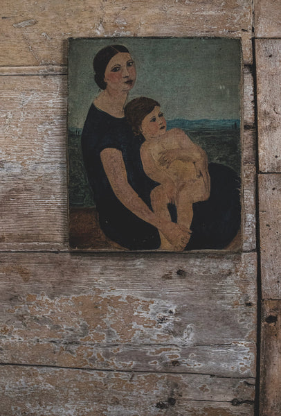 Antique French Mother & Child oil on canvas 1937