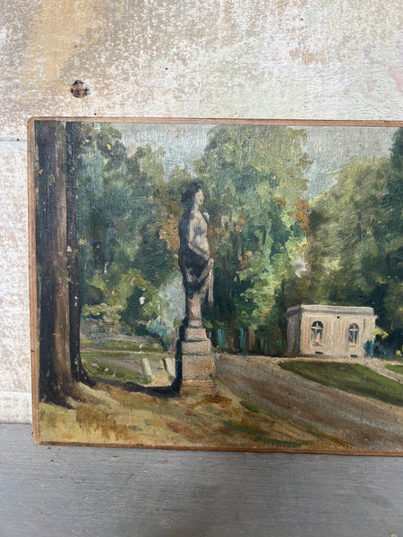 French Garden Landscape Painting Oil on Board