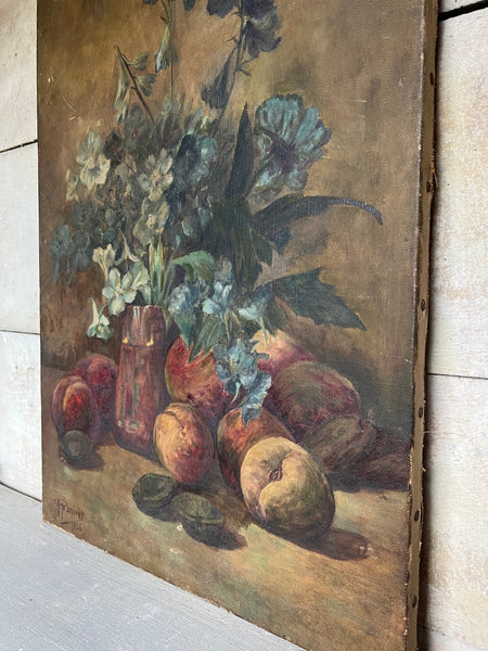 Rustic Floral and Fruit Oil Painting on Canvas 1936
