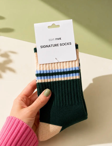 Edit Five Striped Socks - Green, Peach & Blue