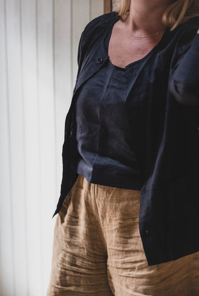 Stretch Linen Collarless Jacket