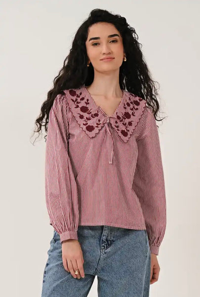 Saige by Nomads Embroidered Striped Shirt