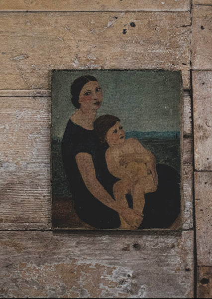 Antique French Mother & Child oil on canvas 1937