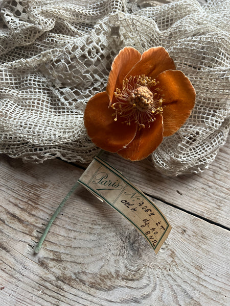 Antique French Orange Anemone Fabric Flower