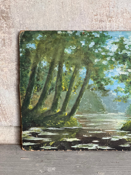 French Landscape Riverside Oil on Board