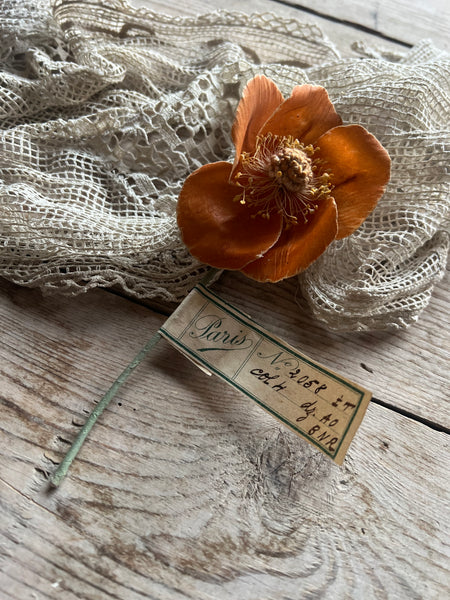 Antique French Orange Anemone Fabric Flower