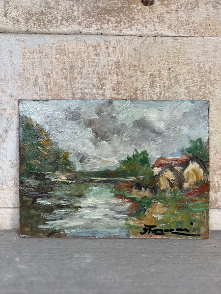 French Landscape Riverside Oil on Board