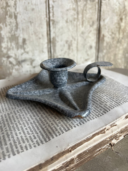 Vintage Enamel Candlestick Holder Square Grey