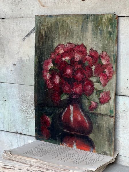 Dark French Floral Oil on Board 1931