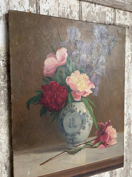 Antique French Floral Oil on Canvas