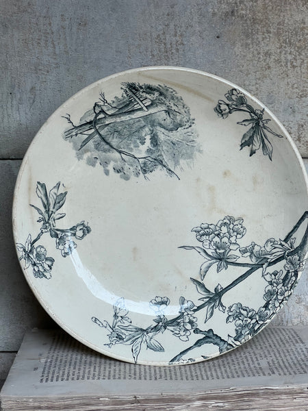 French Floral Terre De Fer Transferware raised dish