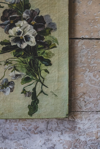 French Vintage Floral Pansy Painting on Canvas
