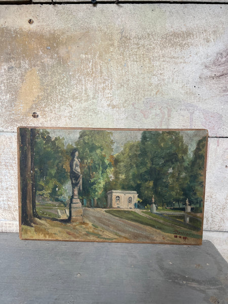 French Garden Landscape Painting Oil on Board