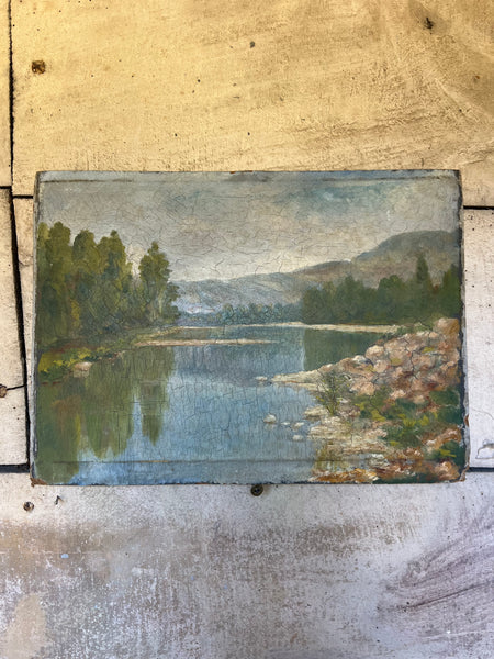 French Landscape Riverside Oil on Board