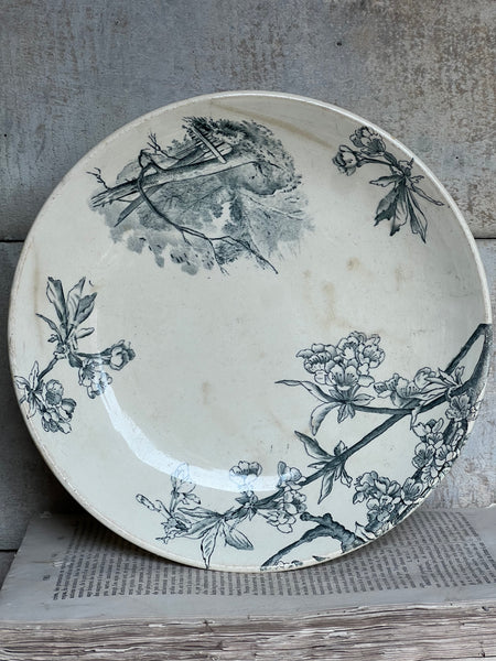 French Floral Terre De Fer Transferware raised dish