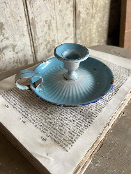 Vintage Enamel Candlestick Holder Blue