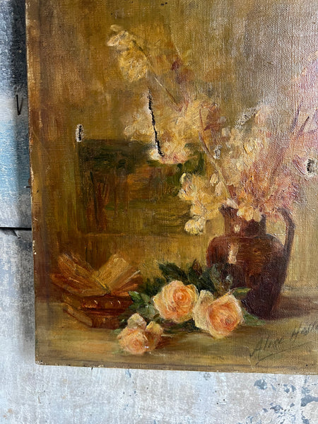 Rustic Floral Oil on Canvas