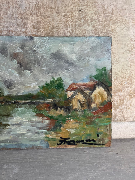 French Landscape Riverside Oil on Board