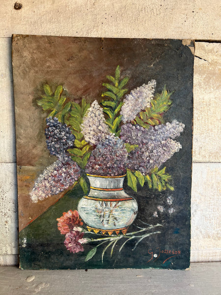French Vintage Floral Oil on Board