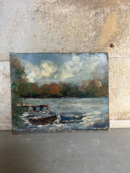 French Vintage Boats Oil Painting