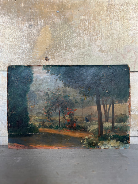 French Garden Landscape Painting Oil on Board