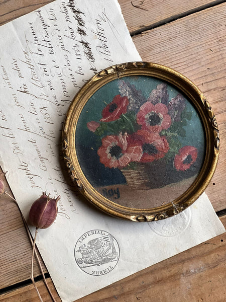 Miniature Round Framed Floral Oil Painting