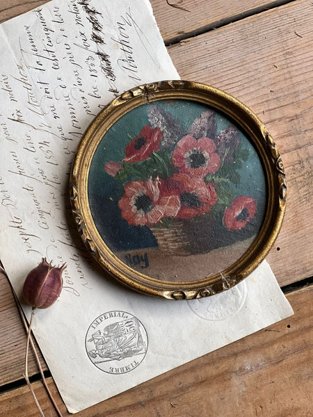 Miniature Round Framed Floral Oil Painting