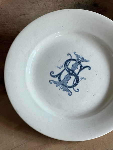 Blue detailing initial French vintage Dish