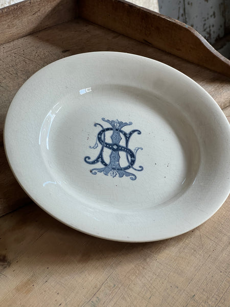 Blue detailing initial French vintage Dish