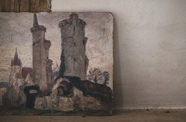 Vintage French Castle Painting on Board