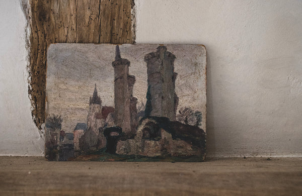 Vintage French Castle Painting on Board