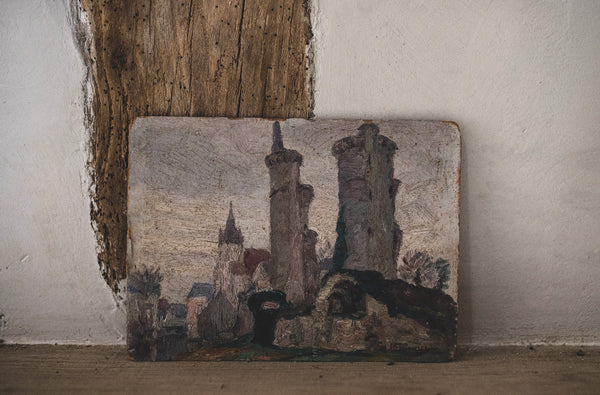 Vintage French Castle Painting on Board