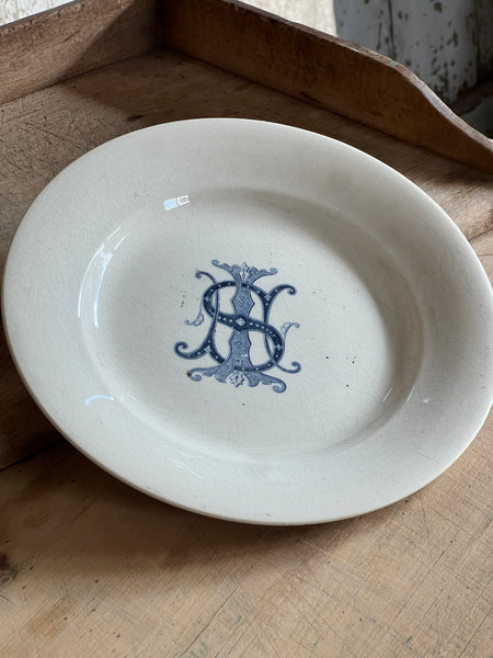 Blue detailing initial French vintage Dish