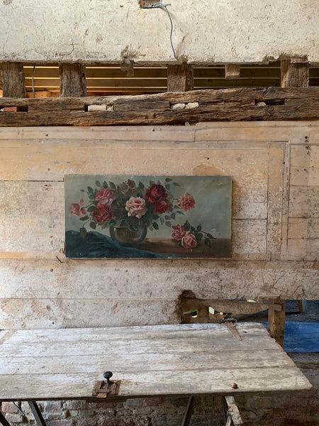 Glorious Large French Vintage Rose Painting on Canvas