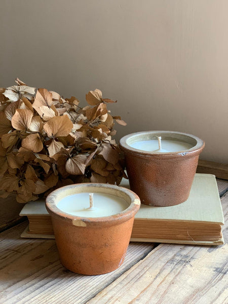 French Vintage Stoneware Pinch Pot Candles in Seasalt & Woodsage