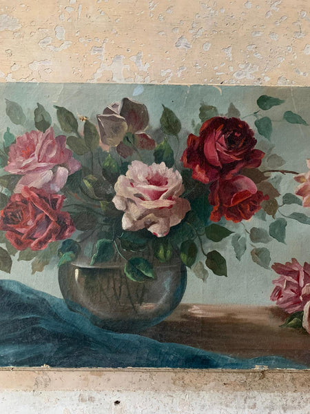 Glorious Large French Vintage Rose Painting on Canvas