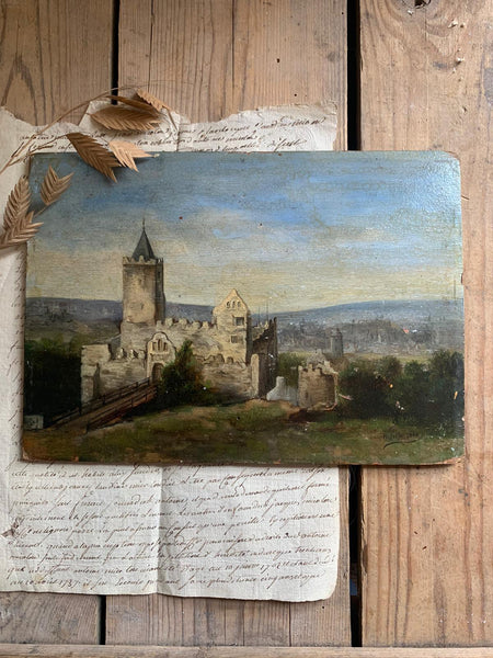 Vintage French Castle Painting on Board