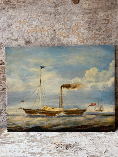 Gorgeous French Vintage Boat Oil Painting on Board