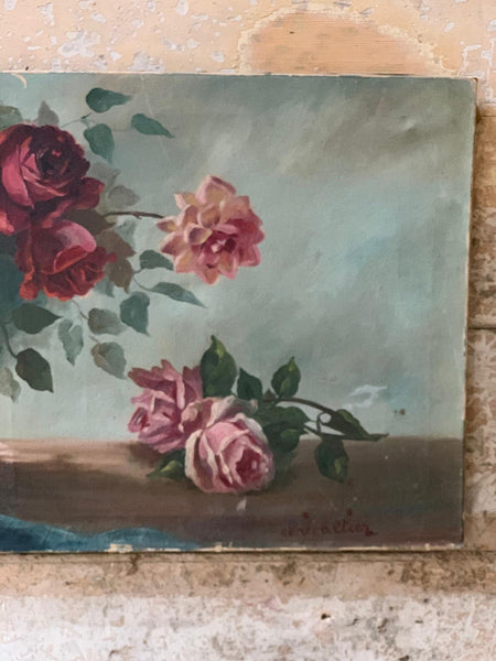 Glorious Large French Vintage Rose Painting on Canvas