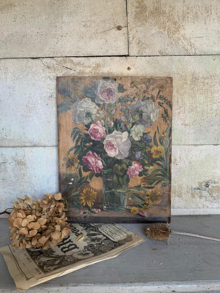 Antique French Floral Painting on Board